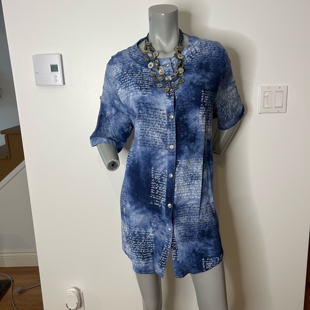 Elegant Blue with Graphic Button Down Shirt for Women❤️XL